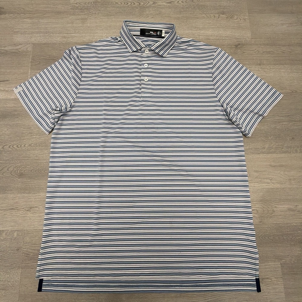 RLX Ralph Lauren Golf Polo Mens Large‎ Blue Stripe Performance Stretch